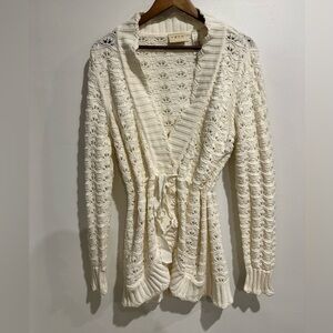YZZA Chunky Open Knit Cream Tie Up Feminine Cardigan Size L